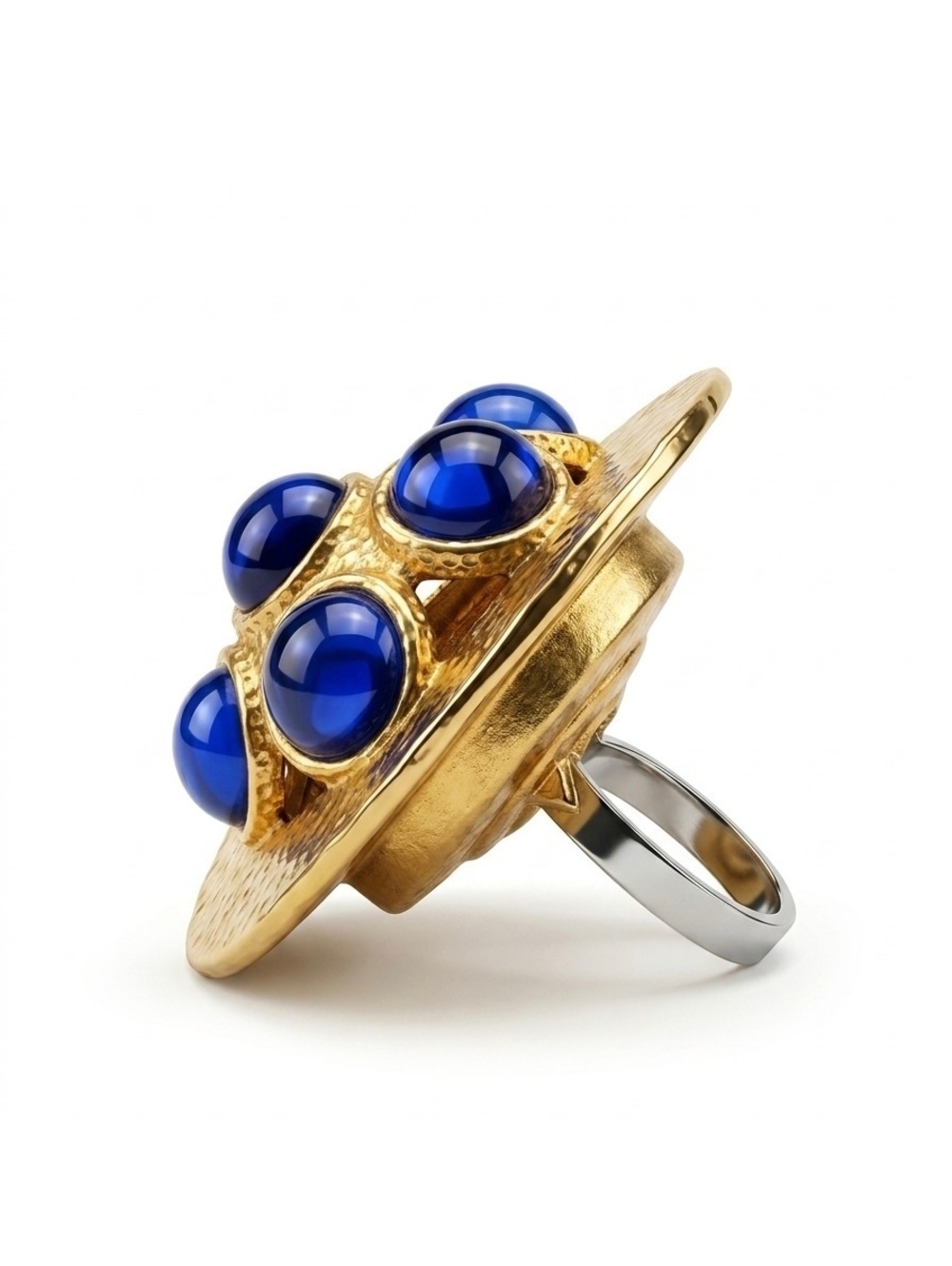 Artisan Gold Tone Statement Ring w/ Blue Cabochon Stones and Vintage Components - Picture 2 of 5